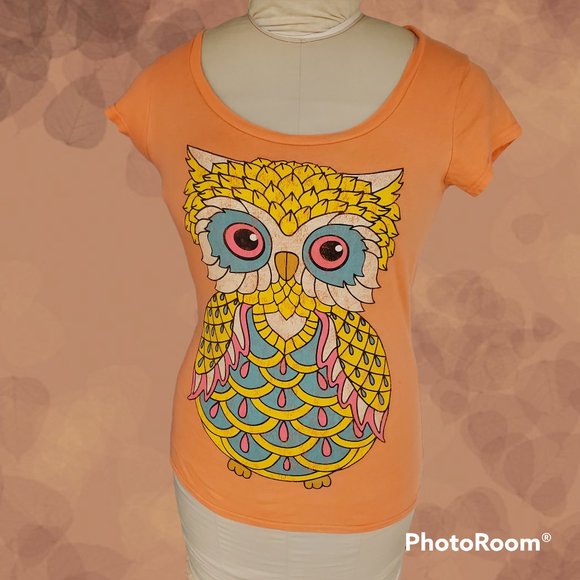 OP 100% Cotton T-shirt - Owl Graphic - Size M (7-9) - Peach Orange - Preowned - Picture 1 of 7